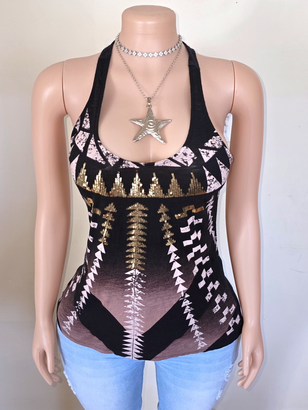 Express Black Gold Sequin Geometric Racerback Tank